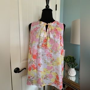 NWT Caffe Marrakesh Sleeveless Cotton Blouse Pastel Floral Split Neck/Tassel, 2X